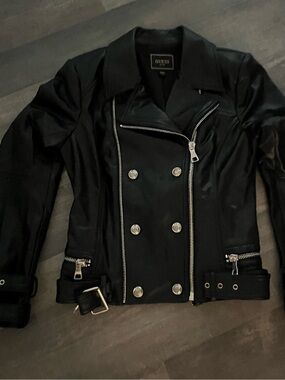 GUESS Black Double-Breasted Faux-Leather Biker Jacket Gold Accents
